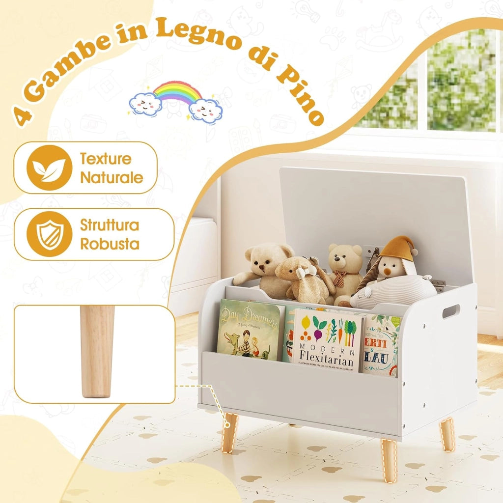 Cassapanca Portaoggetti per Bambini, con Libreria, Organizer per Giocattoli con 4 Gambe in Legno Massello e Coperchio Ribaltabile, per Sala Giochi e Asilo, 60x40x43 cm (Bianco)