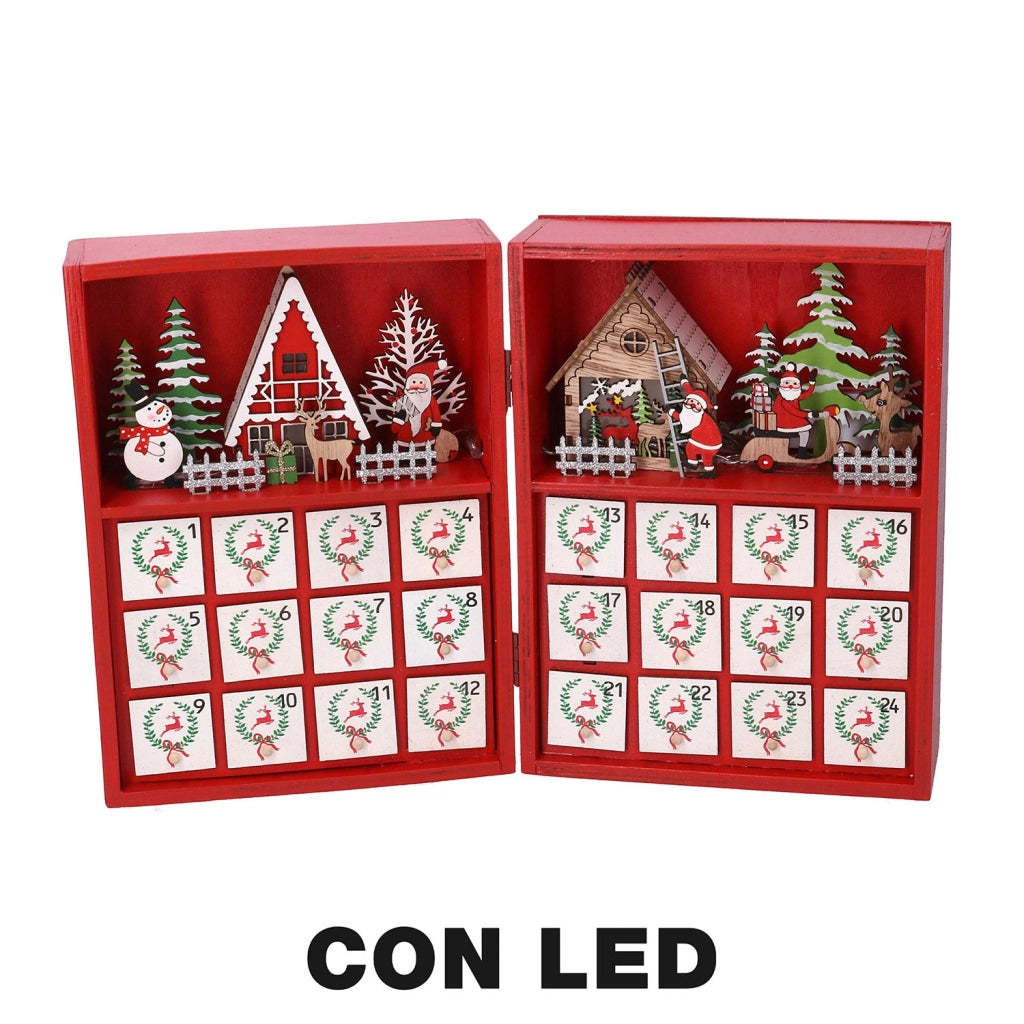 Calendario dell'Avvento in Legno con Led rosso cm 36x6xh24
