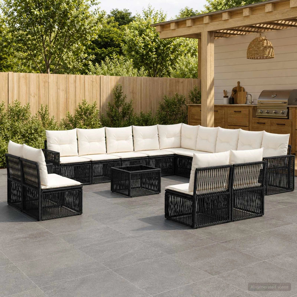 Set Divano da Giardino 14 pz Nero e Bianco Crema polyrattan 3435289