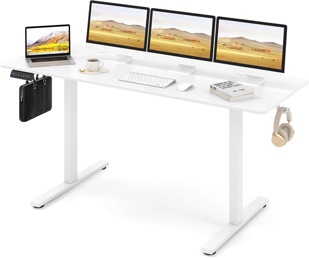 Scrivania Regolabile in Altezza 160 x 60 cm, Scrivania Elettrica con Pannello Smart Anticollisione, Scrivania per Computer con 2 Fori per Cavi e 2 Ganci, per Ufficio e Studio, Bianco