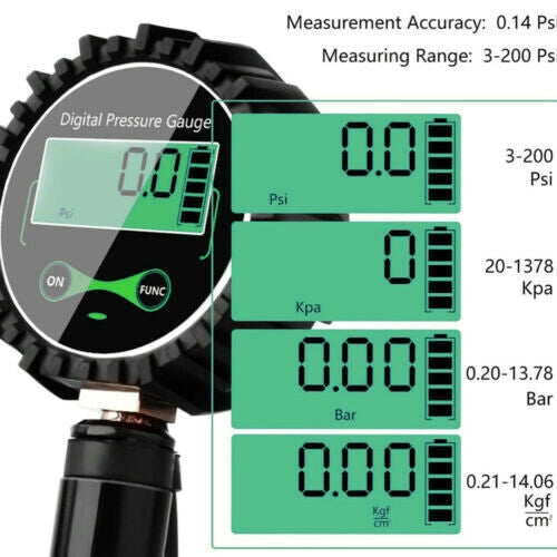 MANOMETRO DIGITALE PRESSIONE GOMME PISTOLA GONFIAGGIO PNEUMATICI 200 PSI LCD