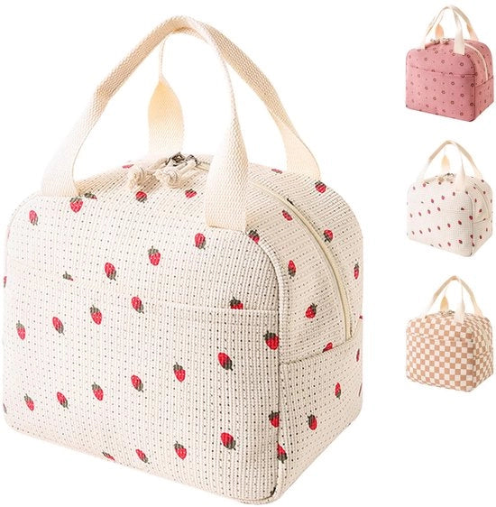 Borsa pranzo isolata in corduroy con funzione termica | Borsa pranzo extra spessa impermeabile | Borsa pranzo con grande capacità per ufficio e scuola | Progetto di design elegante per donne (bianco rosa)