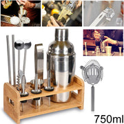 Trade Shop - Kit Per Cocktail Barman Bartender Shaker Mixer Acciaio 750ml Supporto In Legno -
