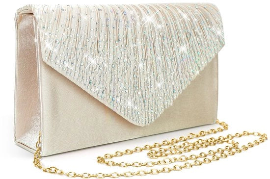 Borsa da sera in satin beige con glitter, con chiusura a catena rimovibile e portachiavi a corpo libero, elegante borsa da sera con cristalli e diamanti per matrimoni e feste di gala