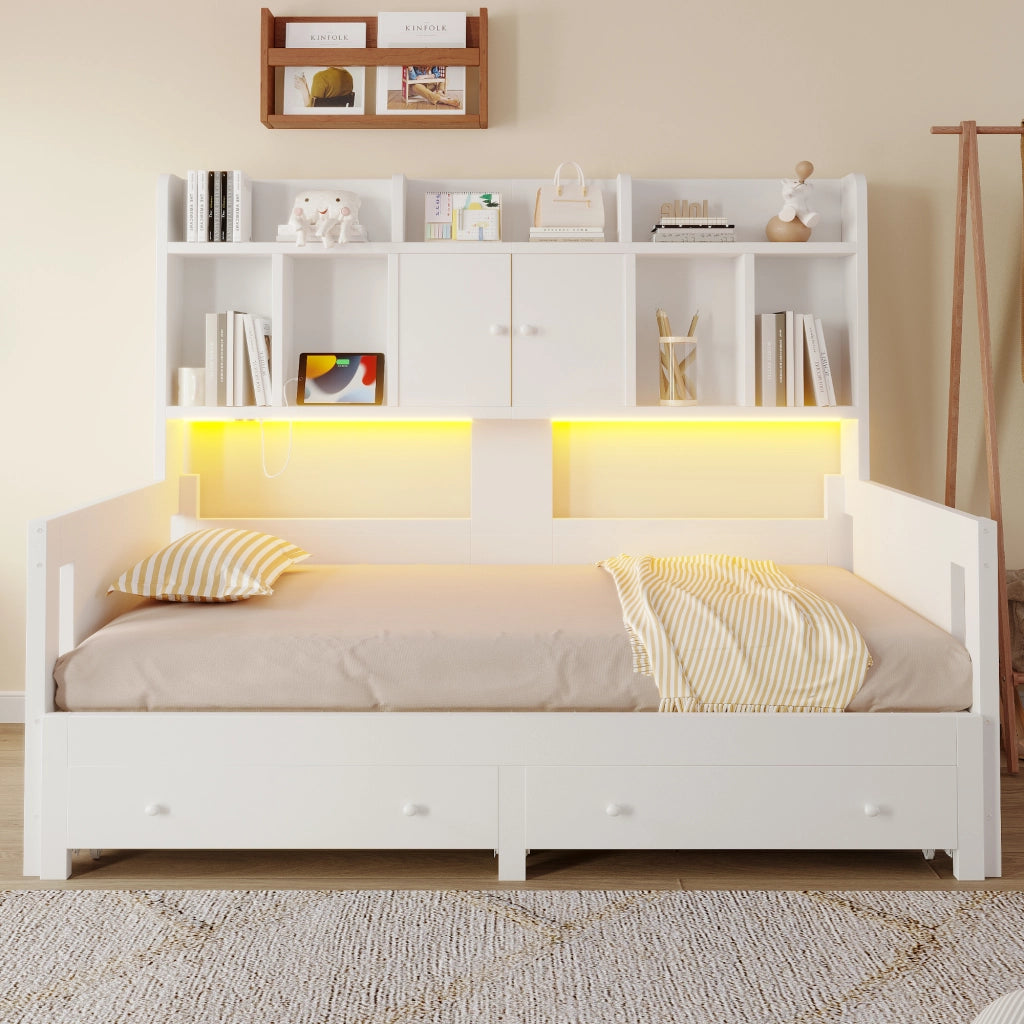DESMIU Letto Divano 1 Posto con 2 Cassetti, Vani, Presa e LED, 90 × 190 cm e 180 × 190 cm, Senza Materasso
