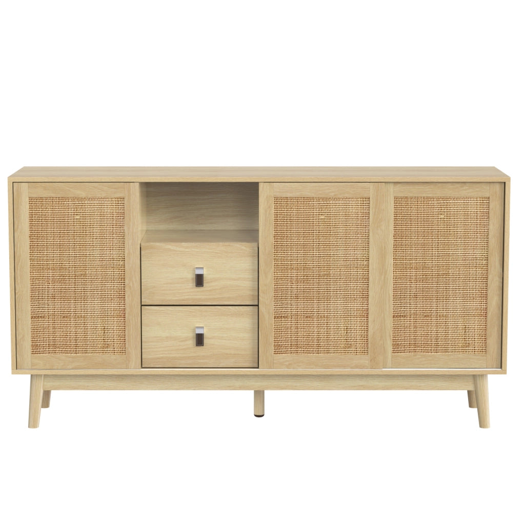 Madia 155x38x80 cm con 2 cassetti e ante scorrevoli in rattan; MDF e pannello truciolare