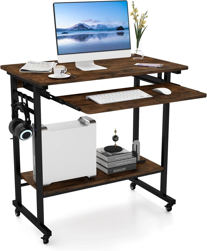 Scrivania con Ruote, Vassoio per Tastiera, Supporto per CPU e Ganci, Scrivania Moderna in Legno e Metallo per Salotto e Camera da Letto, 80 x 50 x 78 cm (Bianco)