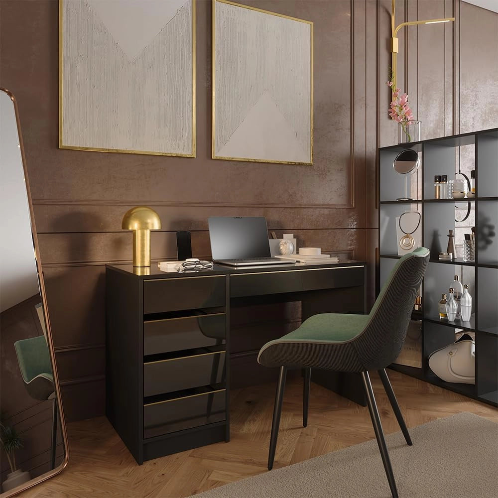 Scrivania Sherry, Nero lucido, 55 x 120 cm con cassetti, adatto come postazione di lavoro per home office o studio
