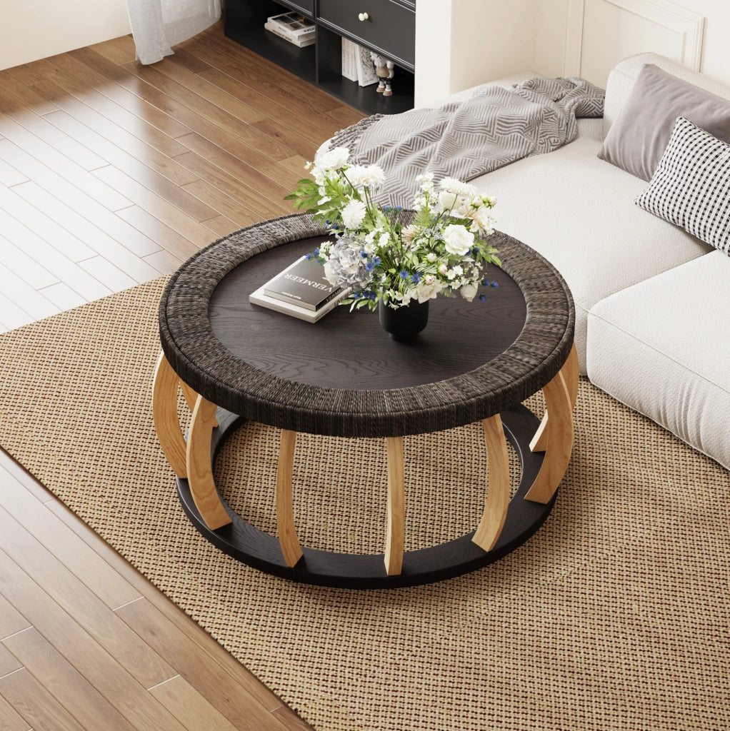 Tavolino da caffè rotondo in legno nero e marrone, 90 cm