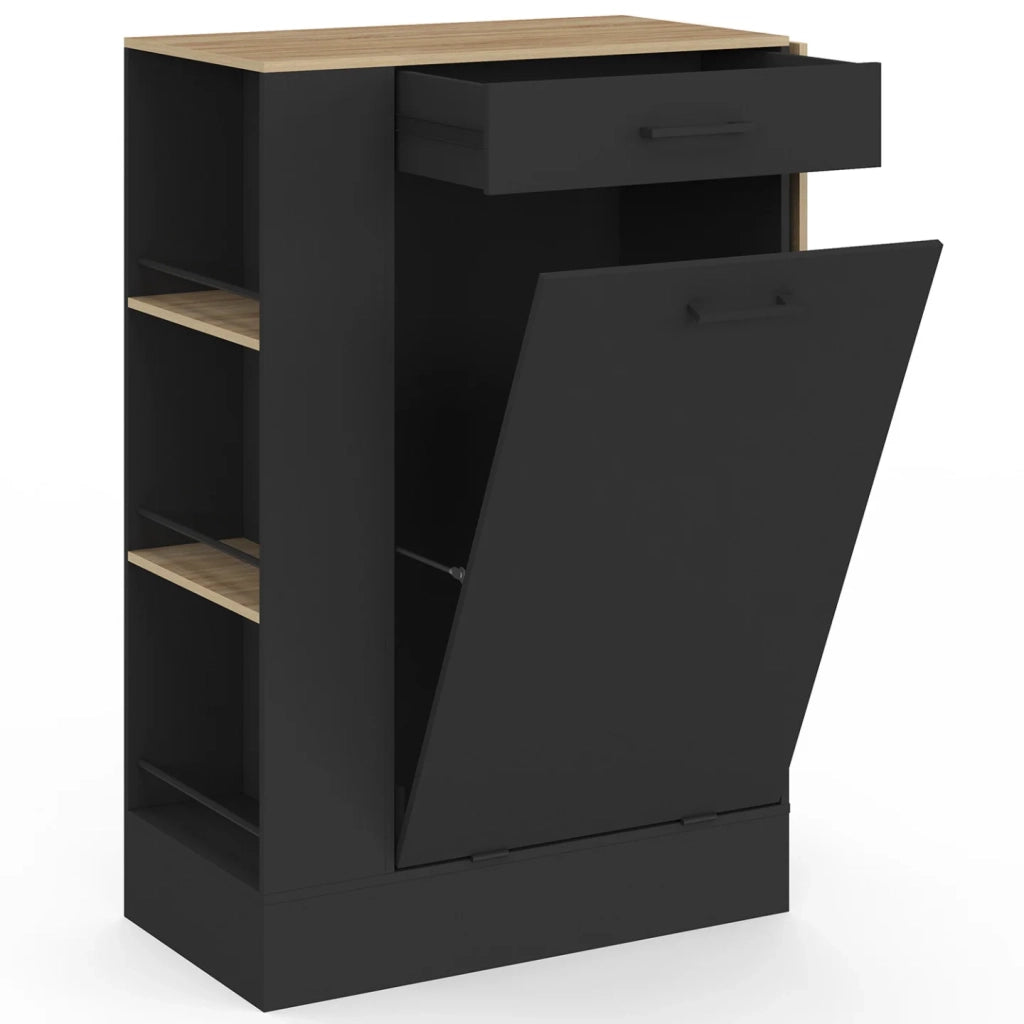 IDMarket - Credenza da cucina compatta TIBO 90 cm con cestino, ripiano ribaltabile, 1 cassetto e 3 ripiani laterali in legno e nero