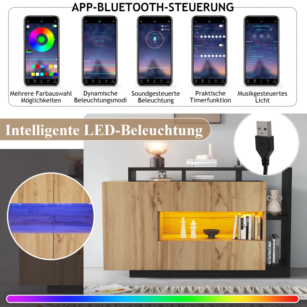 Sideboard LED 140x44x94 cm in MDF effetto legno con ante in acrilico