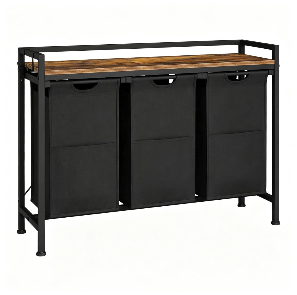 Portabiancheria a 3 scomparti con ripiano e 2 ganci; 96 x 30 x 71 cm; nero e marrone rustico