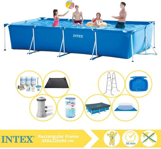 Piscina a forma rettangolare in cornice - Piscina da montare - 450x220x84 cm - Incluso Copertura, Kit di manutenzione, Pompaggio, Filtro, Copertura del terreno, Matrice solare, Trappola e vasca a piedi