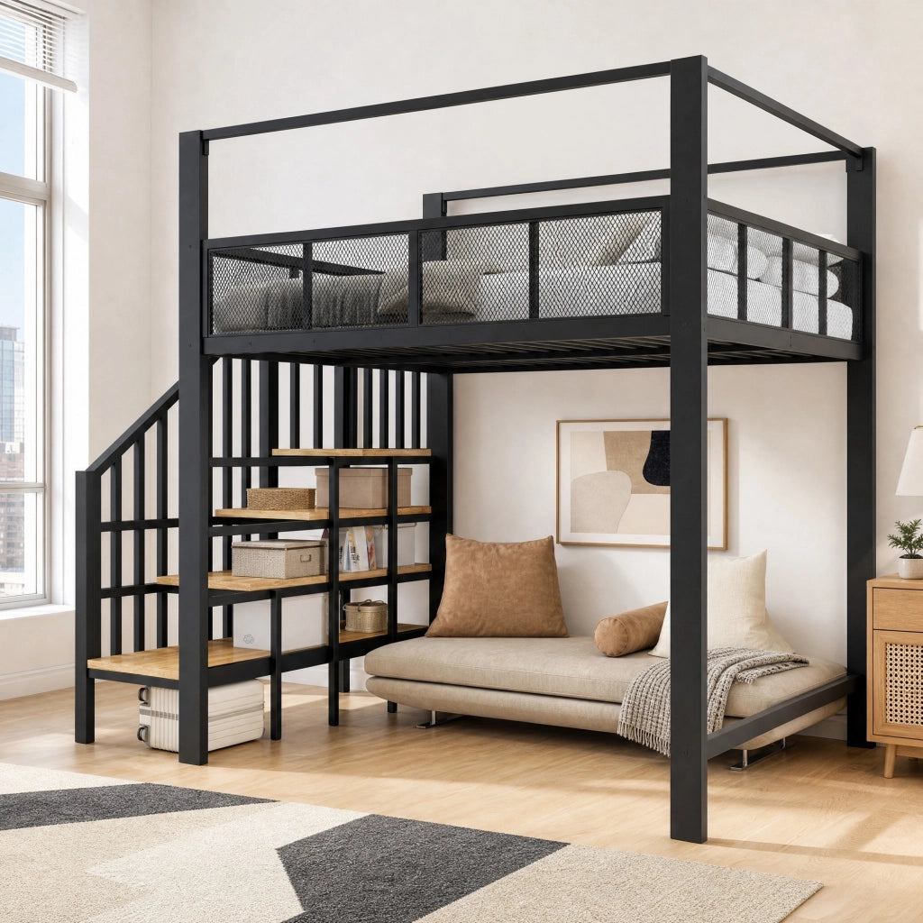 LETTO a soppalco 140x200 cm in metallo nero con scala e baldacchino