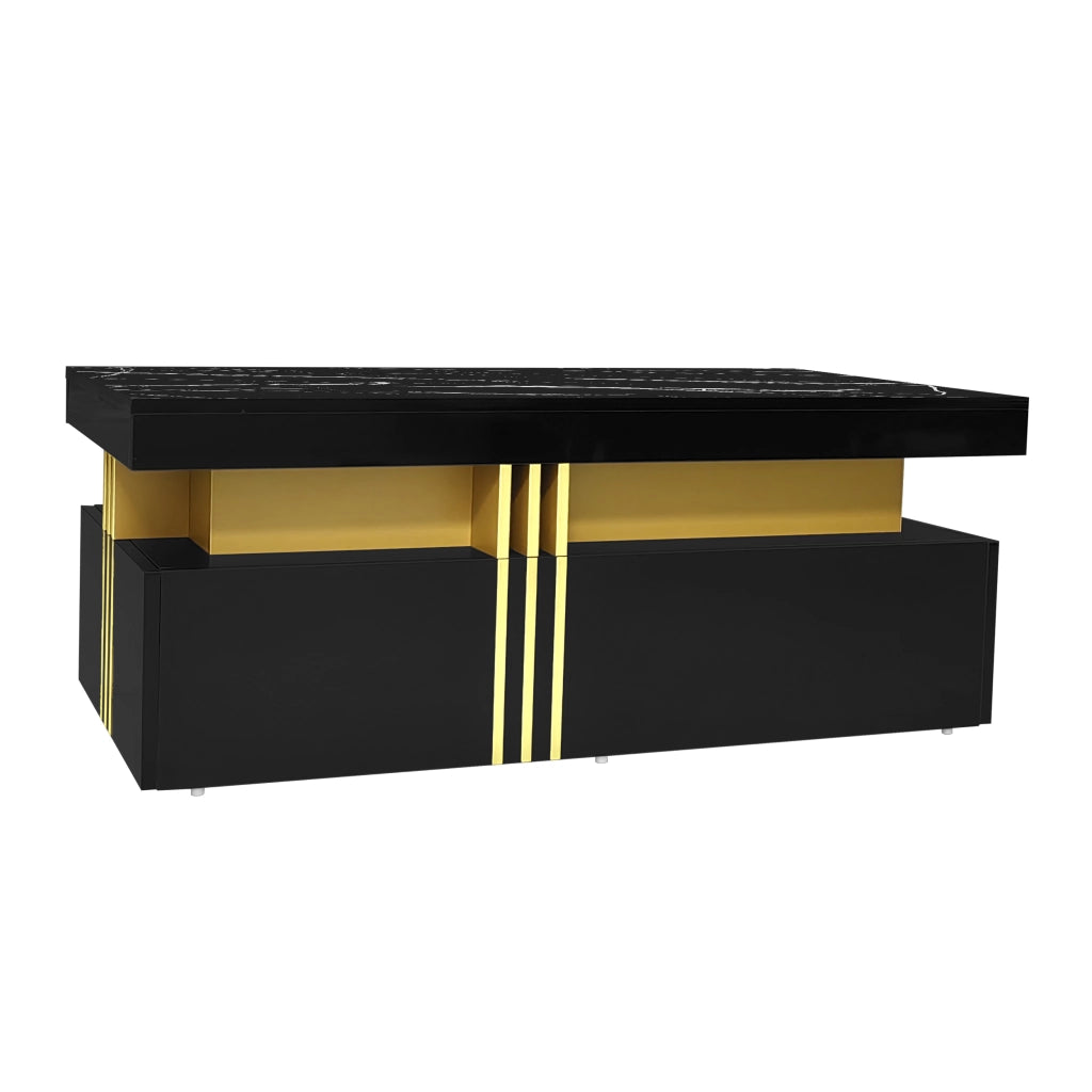 Tavolino da caff¨¨ rettangolare moderno nero con piano effetto marmo, 2 cassetti e struttura in truciolare, 100 x 50 x 40 cm