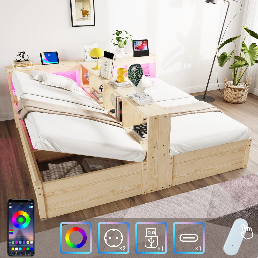 Letto divano 90/180 × 200 cm con prese integrate, contenitore, LED, senza materasso, in MDF, legno naturale