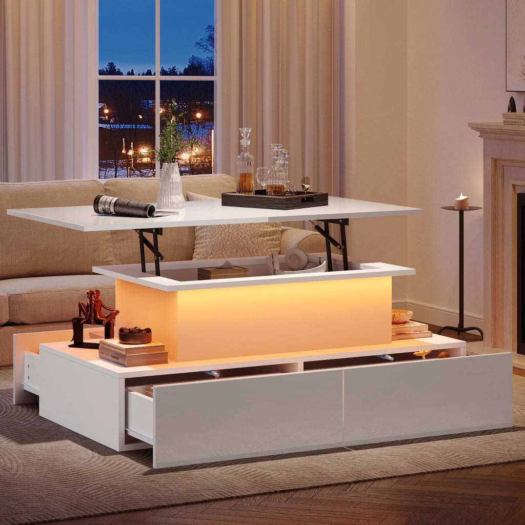 Tavolino Da Salotto con LED e 4 Cassetti; Piano Scorrevole; Bianco Lucido; Stile Moderno; in Pannelli di Particelle; Bianco