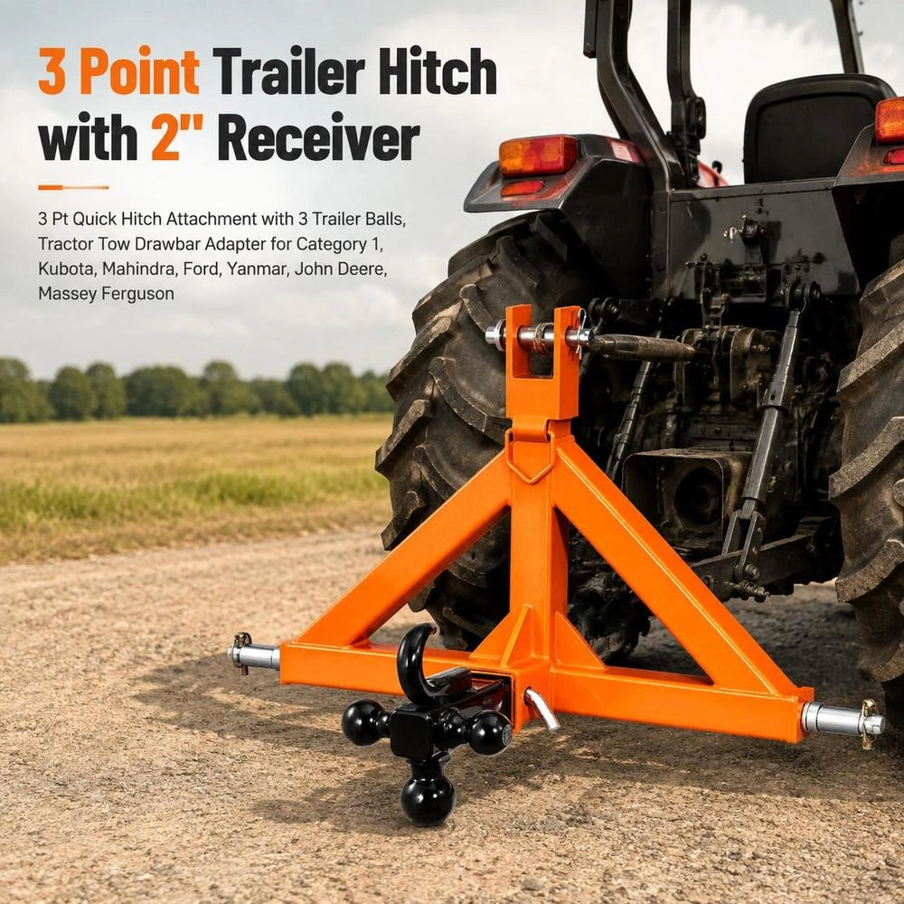 3 Point Trailer Hitch With 2" Receiver, 3 Pt Quick Hitch Attachment With 3 Trailer Balls, Tractor Tow Drawbar Adapter For Category 1, Kubota, Mahindra, Ford, Yanmar, John Deere, Massey Ferguson