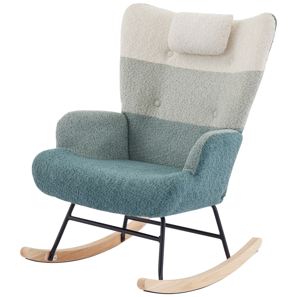 Poltrona a dondolo in bouclé con schienale alto, tasca laterale e struttura in metallo e legno multicolore 83 × 65,5 × 95 cm