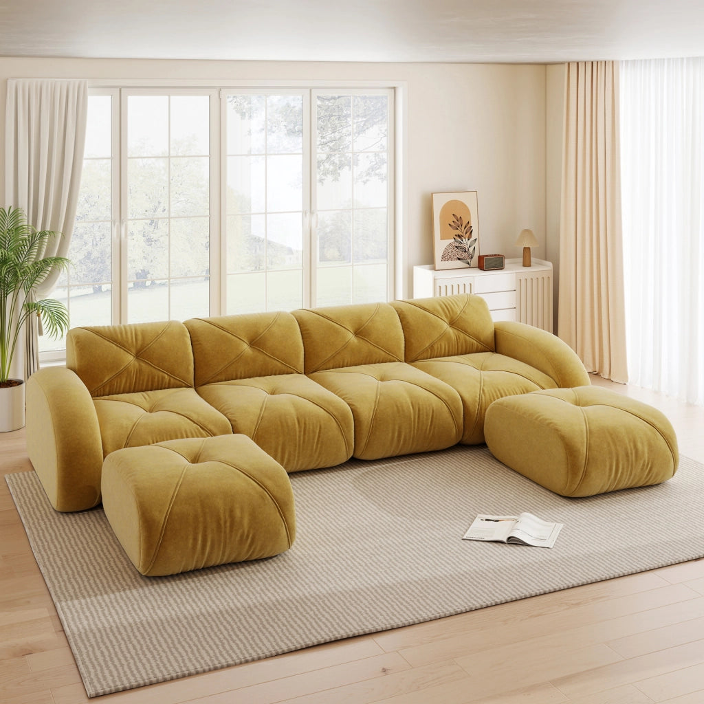 Divano modulare a U 358x171x76 cm in chenille gialla; 4 posti; design senza telaio