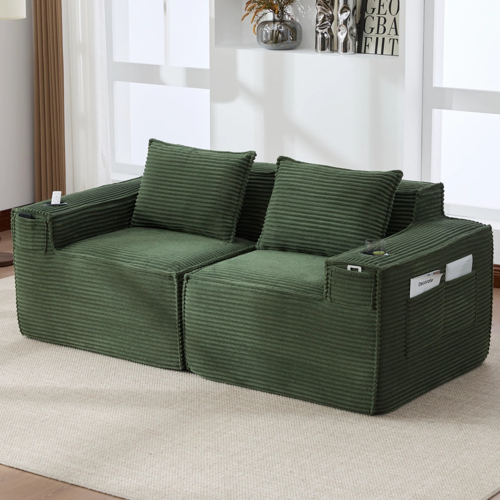 DIVANO modulare 2 posti 188x90x75 cm in corduroy verde con portabicchieri