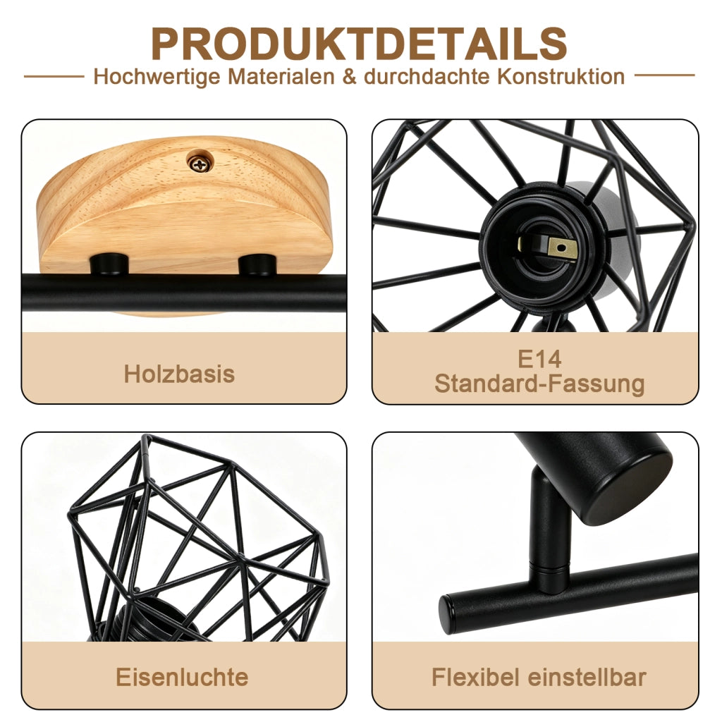 ZMH Faretto da soffitto 3 Luci Nero Legno E14 Vintage Industriale Orientabile 350¡ã per Camera Soggiorno Senza Lampadina