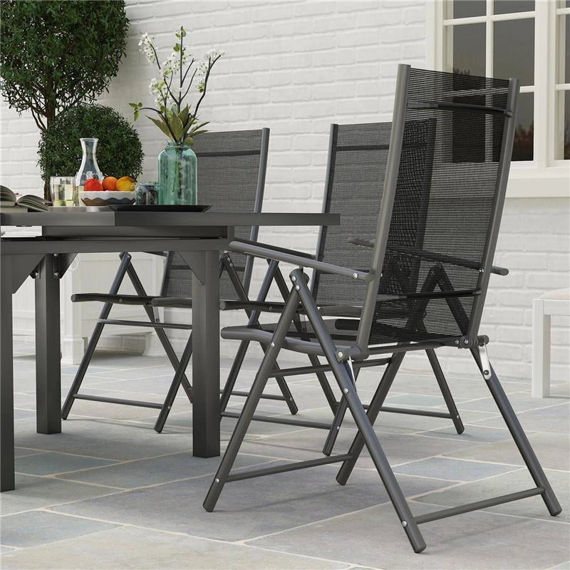 SET DA GIARDINO CON TAVOLO ALLUNGABILE IN VETRO E 6 SEDIE DA ESTERNO PIEGHEVOLI ACCIAIO E TEXTILENE GRIGIO