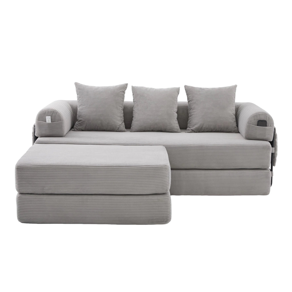 Divano modulare 200x190x67 cm in velluto a coste grigio chiaro con pouf –