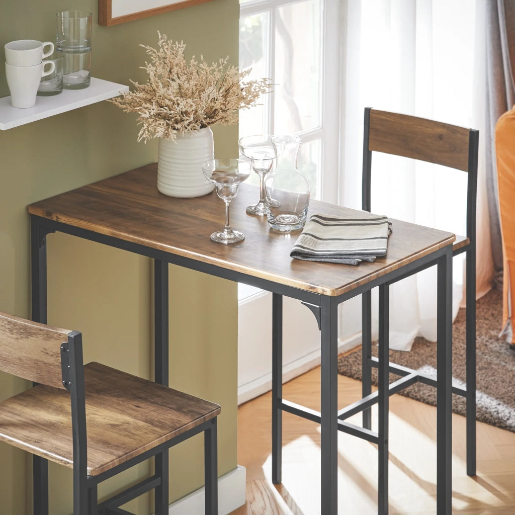 Set 3 Pezzi Tavolo con 2 sgabelli Alto Mobile Bar per casa Stile Vintage, Marrone scuro, L89*P45*,A100 cm OGT03-XL