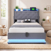 DESMIU Lit simple 90 × 200 cm con LED, USB, Type-C, vano idraulico e senza materasso, in lino, grigio