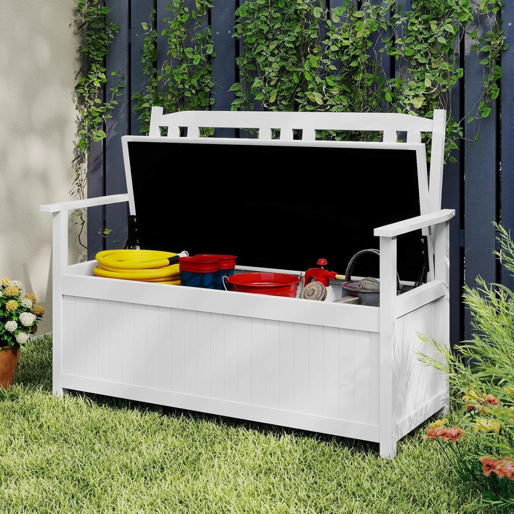 Panchina da Giardino con Contenitore di Legno, Cassapanca da Esterno 2 Posti con Schienale e Braccioli, Panca per Cortile e Ingresso, 123 x 68,5 x 96 cm (Bianco)