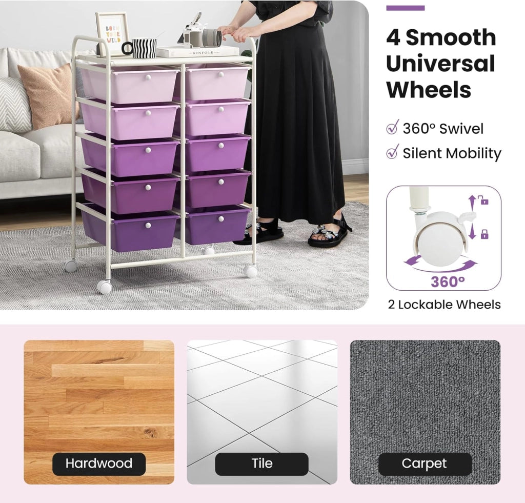 Carrello con 10 cassetti, impilabile, per cassetti, da cucina, bagno, ufficio, 65,5 x 37 x 87 cm (viola)