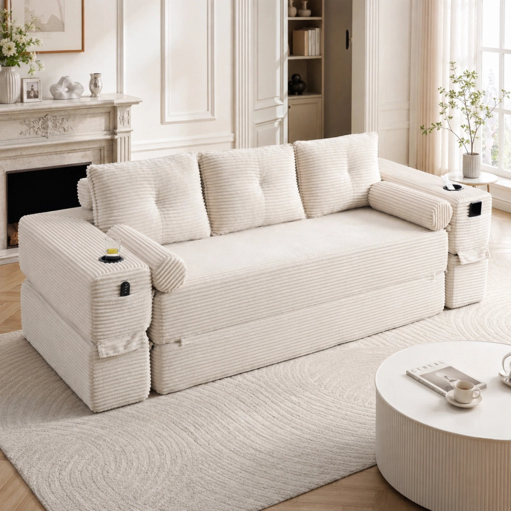 Divano letto modulare 3 posti con portabicchieri, tasche laterali e cuscini viscoelastici in velluto a coste beige