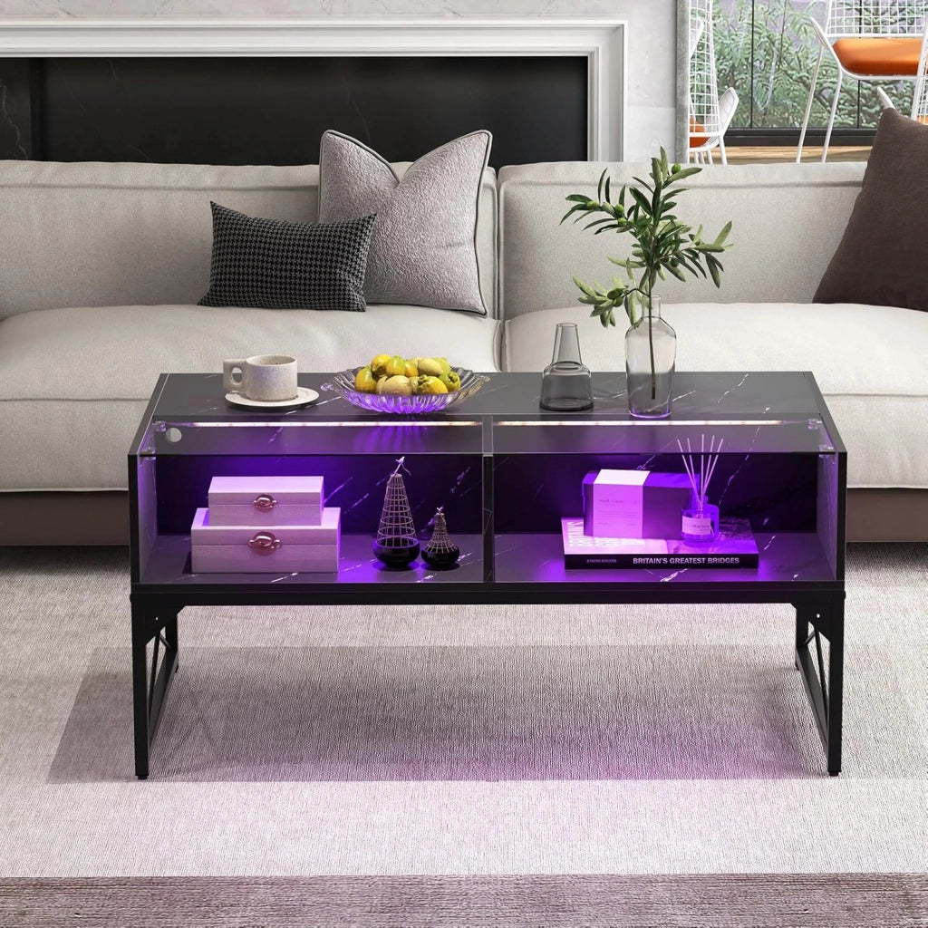 COSTWAY Tavolino da Salotto, Tavolino da Caffè da in Vetro e Legno con Luce LED Multicolore Regolabile a Telecomando e Ripiani, Tavolino per Soggiorno e Ufficio, 105 x 55 x 50 cm (Nero)