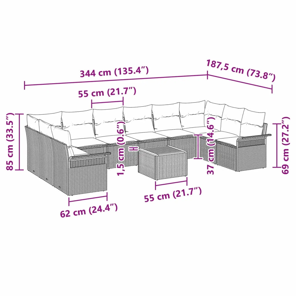 Set Divano da Giardino con cuscino 11 pcs Grigio polyrattan 3347381