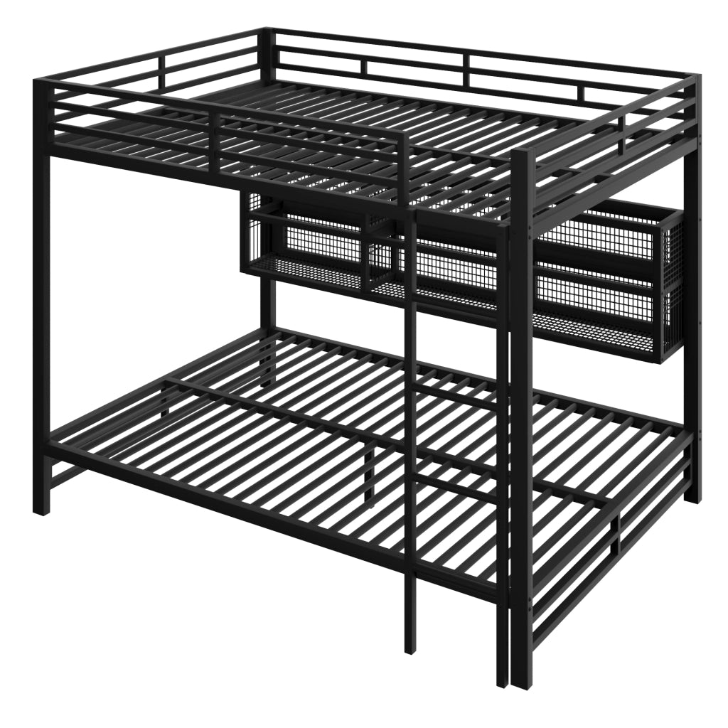 Letto a castello 140 × 200 cm con 6 armadietti laterali e LED, senza materasso, in metallo, nero