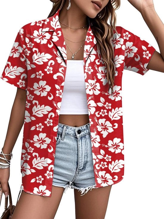 Camicia donna con motivi floreali - Collo a bottone - Maniche corte - Leggera - Estate/esterno/ricreazione - Camicia con motivi floreali