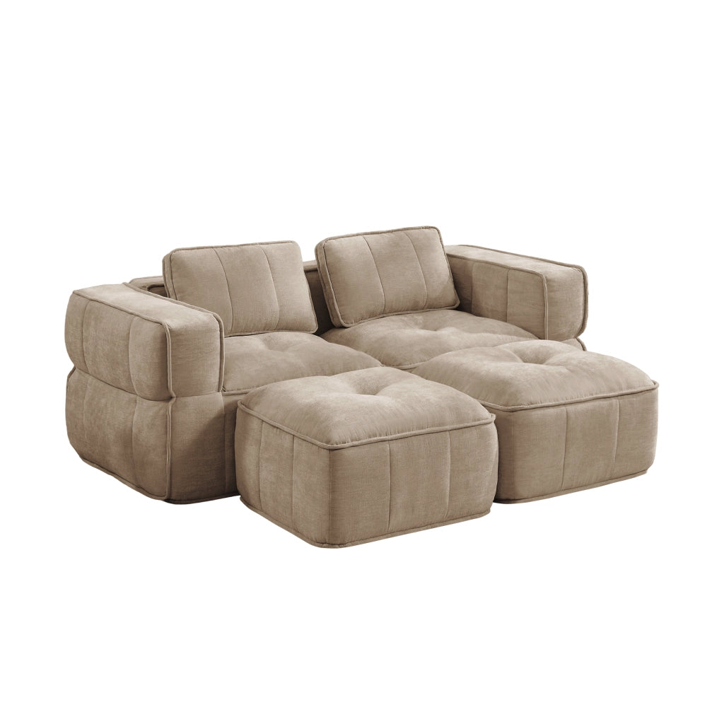 Divano modulare a 2 posti con due pouf senza struttura di supporto in tessuto poliestere sabbia 198 × 162 × 67 cm