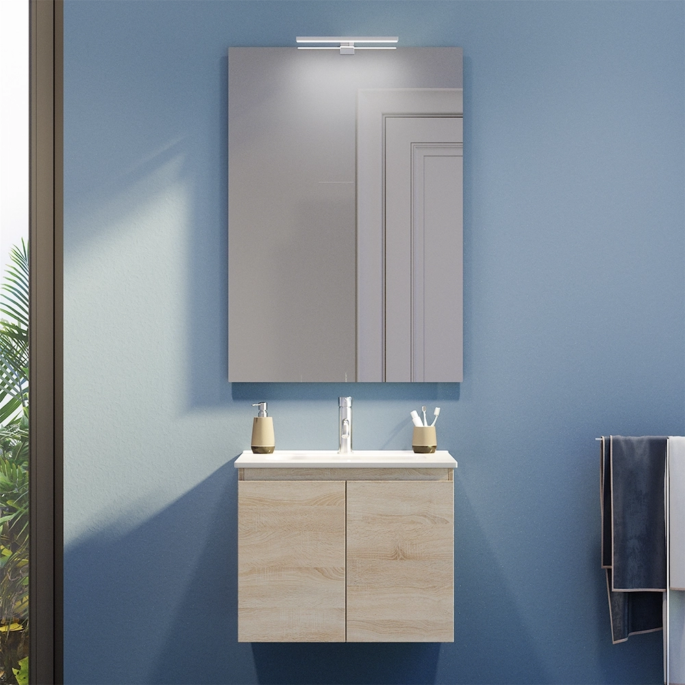 Mobile bagno sospeso 70 cm due ante rovere chiaro lavabo e specchio | Yili