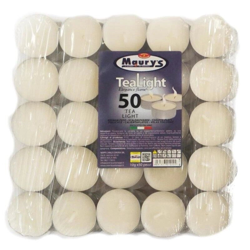 MAURY'S CANDELINE TEA LIGHT 50PZ BIANCHE SENZA PROFUMO BASE IN METALLO
