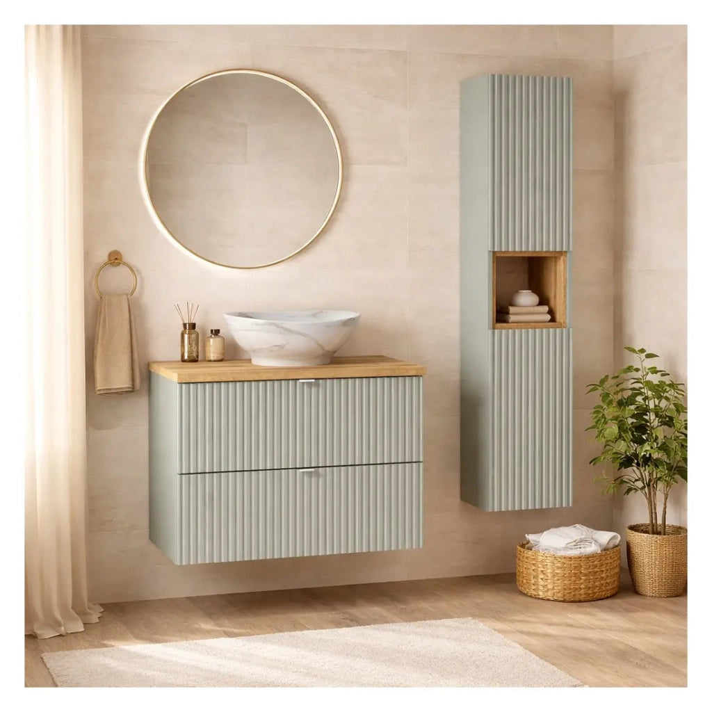 Insieme ELVINA 110cm : mobile sottolavabo con cassetti verde + piano per lavabo + lavabo da appoggio marmoreo + colonna