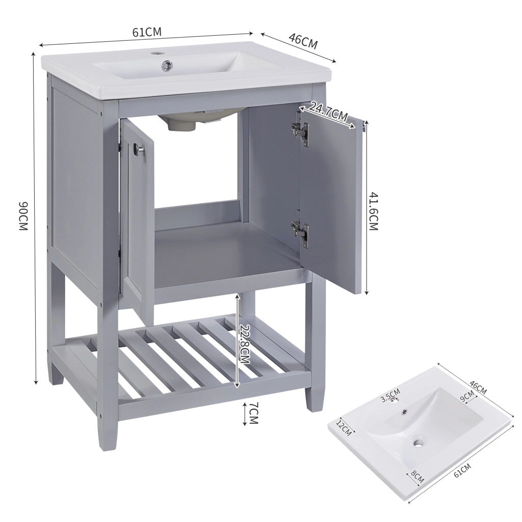 Mobile sottolavabo da bagno con lavabo in ceramica, 1 vano aperto, per bagno, in legno massello e MDF, grigio