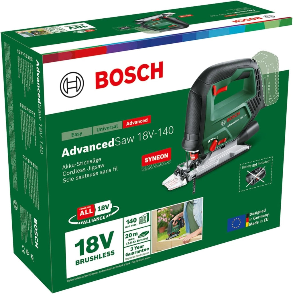 Bosch seghetto alternativo a batteria AdvancedSaw 18V-140 (funzione pendolo; motore brushless; profondità taglio: 140 mm/10 mm/20 mm; 3 lame; 18 Volt; senza batteria e caricabatteria; in cartone)