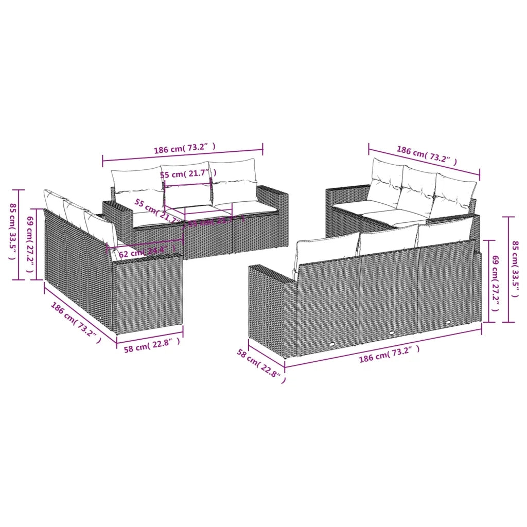 Set Divani da Giardino 12 pz con Cuscini Nero in Polyrattan 3251102