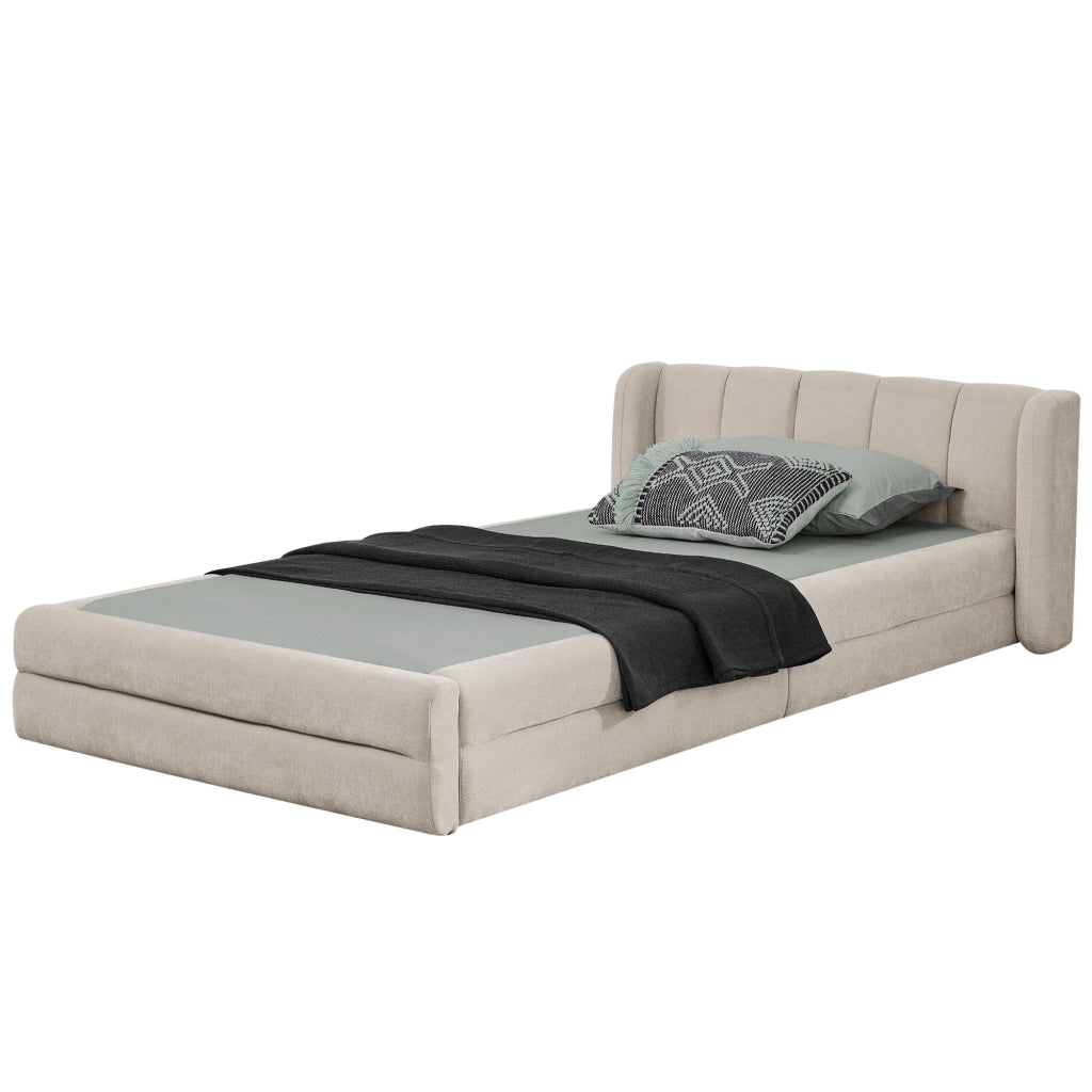 DESMIU Lit simple 90 × 200 cm con testiera imbottita, senza materasso, in ciniglia, beige