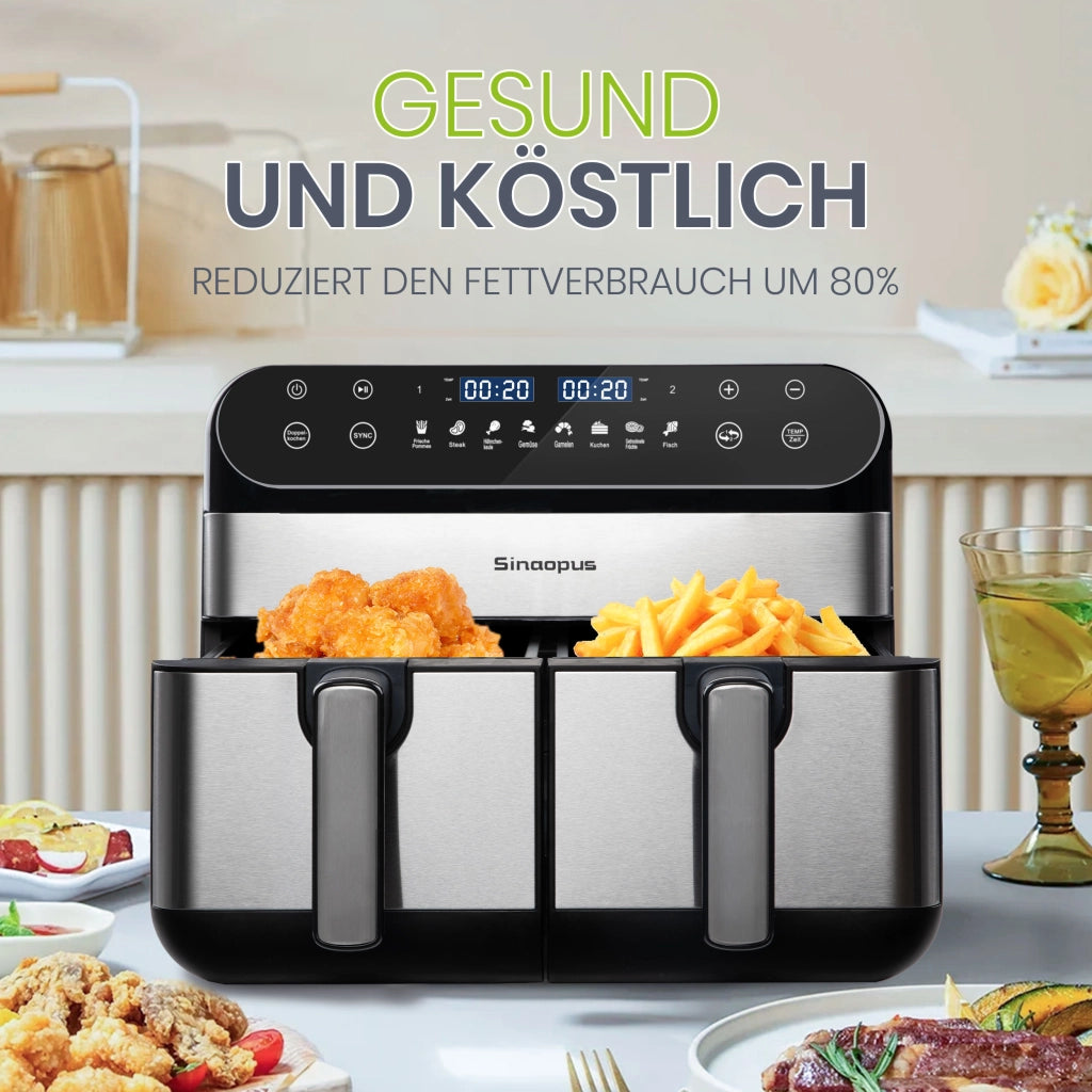 Friggitrice ad aria XXL da 10 litri con doppia zona, ideale per famiglie, con display touchscreen a LED, tempo e temperatura regolabili e 8 funzioni d