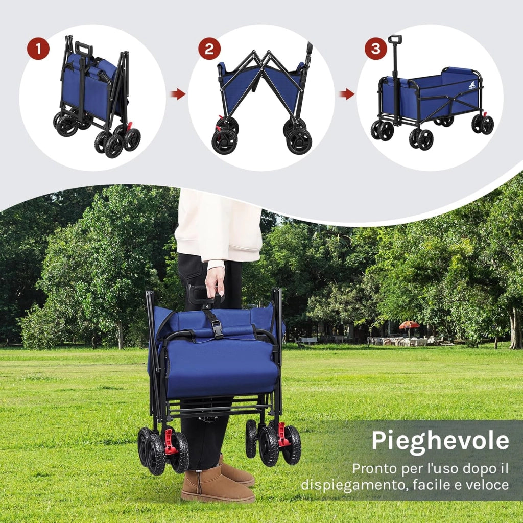Carrello Pieghevole con 4 Ruote Doppie, Campeggio, Viaggio, Giardino, Spiaggia, Oxford+Metallo, Blu