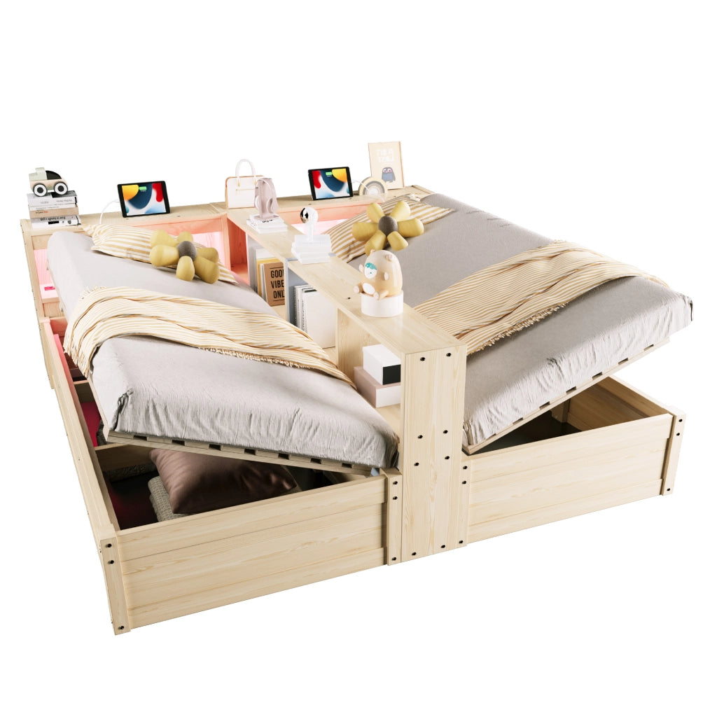 Letto multifunzione 90/180x200 cm in legno naturale con LED; prese integrate e contenitore