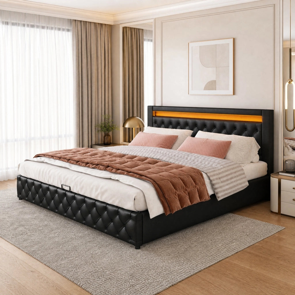 Letto imbottito 140x200 cm con rete a doghe, contenitore, illuminazione LED, colore nero, rivestimento PU