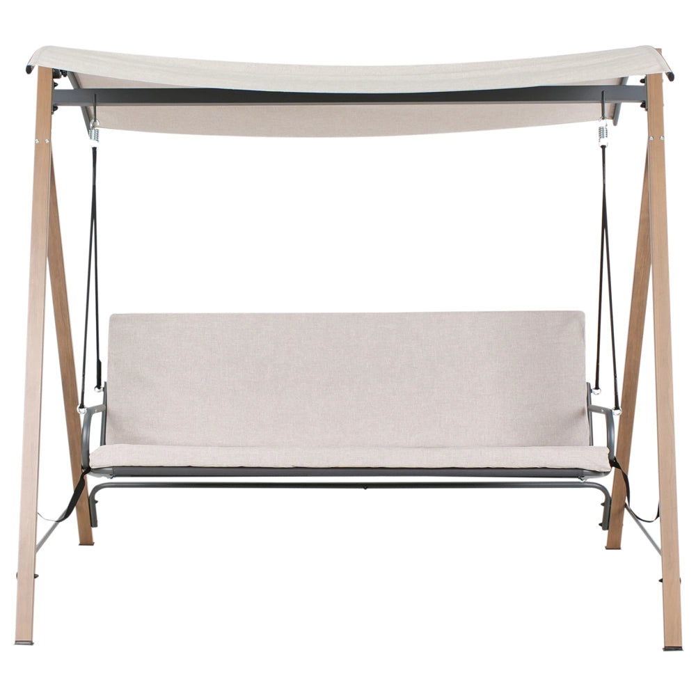Dondolo da giardino in tessuto beige con struttura in acciaio a 3 posti